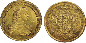Ferdinando IV di Borbone Re di Napoli 1759-1799
6 Ducati, Napoli, 1761, AU 8.8 g.
Ref : MIR 352/1, Pannuti 4a, Fr.846
Conservation : NGC AU 58. Superb...