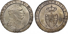 Ferdinando IV di Borbone 2° periodo 1799-1805
120 Grana, Napoli, 1805, AG 27.53 g.
Ref : MIR 423, Pannuti-Riccio 9
Conservation : NGC AU 58. Superbe