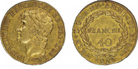 Gioacchino Murat 1808-1815
40 Franchi, Napoli, 1810, sans NM, AU 12.87 g. 
Ref : MIR 438/1 (R5), Pannuti Riccio 8a, Gad IT 54, Fr. 858,
Conservation :...