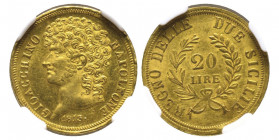 Gioacchino Murat 1808-1815
20 Lire, 1813, rami lunghi, AU 6.45 g.
Ref : MIR 440, Pannuti-Riccio 10, Gad.IT 13, Fr. 860
Conservation : NGC MS 62. pr...