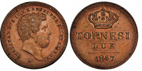 Ferdinando II di Borbone, 1830-1859
2 Tornesi, 1847/3, Cu 6.24 g.
Ref : MIR 528/4, Pannuti Riccio 250
Conservation : NGC MS 64 BN. Top Pop: le plus be...