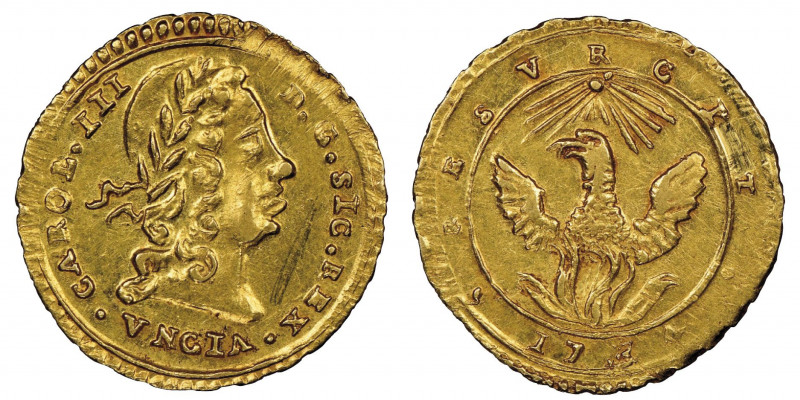 Carlo III 1720-1734
Oncia, Palermo, 1734, AU 4.39 g.
Ref : MIR 514/2 (R), Sp. 51...