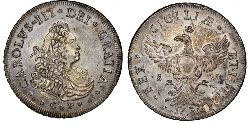 Carlo III 1720-1734
12 Tari, Palermo, 1730, AG 29.46 g.
Avers : CAROLVS III DEI ...