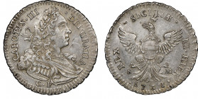 Carlo III 1720-1734
4 Tari, Palermo, 1731, AG 9.73 g.
Ref : MIR 524/3 , Sp. 38
Ex Vente Spink/Taisei, 26/10/1994, lot 1399/1400 Conservation : Superbe