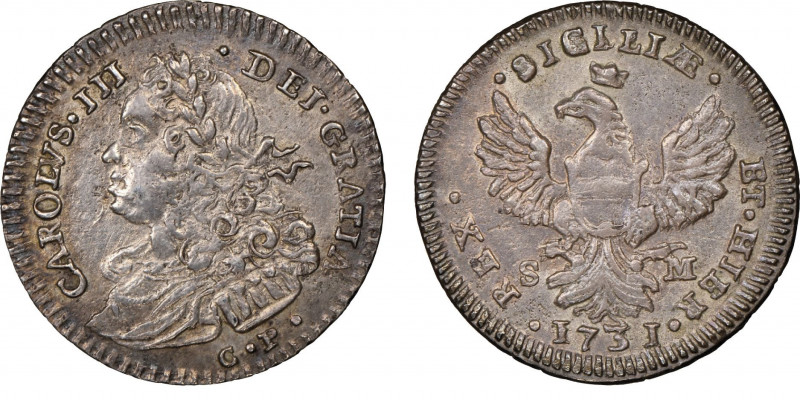 Carlo III 1720-1734
2 Tari, Palermo, 1731, AG 4.63 g.
Ref : MIR 533/3 , Sp. 48
C...