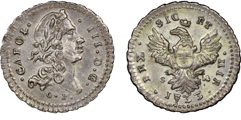 Carlo III 1720-1734
2 Tari, Palermo, 1733, AG 4.87 g. Ref : MIR 534/2 , Sp. 63
C...