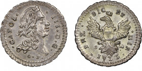 Carlo III 1720-1734
2 Tari, Palermo, 1733, AG 4.87 g. Ref : MIR 534/2 , Sp. 63
Conservation : Superbe