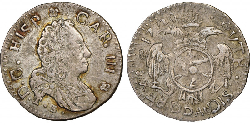 Carlo III 1720-1734
1 Tari, Palermo, 1720 TS, AG 2.52 g. Ref : MIR 535 (R4), Sp....