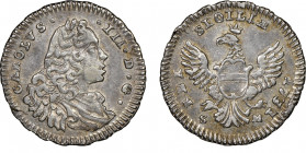 Carlo III 1720-1734
1 Tari, Palermo, 1731, AG 2.38 g.
Ref : MIR 537 (R) , Sp. 49
Conservation : NGC AU 53. Rare