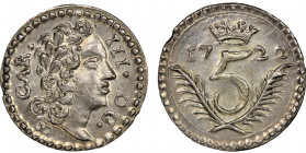 Carlo III 1720-1734
Cinquina, Palermo, 1722, AG 0.69 g.
Ref : MIR 542 (R2), Sp. 10
Conservation : NGC MS 63. Très Rare. Top Pop: le plus beau connu.