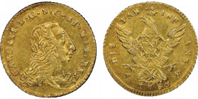 Carlo di Borbone 1734-1759
|Doppia Oncia, Palermo, 1758, AU 8.79 g. Ref : MIR 563/2 (R2), Sp. 51 Fr. 886 Conservation : Superbe. Très Rare.