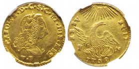 Carlo di Borbone 1734-1759
Oncia, Palermo, 1750, AU 4.38 g. Ref : MIR. 567/2, Sp. 76/77 Conservation : Superbe