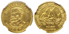 Medaglia in oro di un Tary, 1943, Ignazio Florio, AU 6.97 g.
Avers : IGNAZIO FLORIO SICILIA STATU
Revers : LIBIRU GUVERNU SICILIANU DU PALERMU UN TARY...