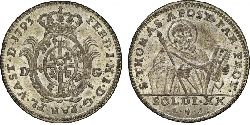 Ferdinando I di Borbone 1765-1802
20 Soldi, 1793, Mi 4 g. 
Ref : Mont. 71
Conser...