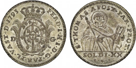 Ferdinando I di Borbone 1765-1802
20 Soldi, 1793, Mi 4 g. 
Ref : Mont. 71
Conservation : NGC MS 65. FDC. Top Pop: le plus beau gradé.