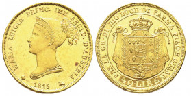Maria Luigia 1814-1847
40 Lire, Parma, 1815, AU 12.90 g.
Ref : MIR 1091/1, Pag.2, G. IT42, Fr. 933
Conservation : Superbe
