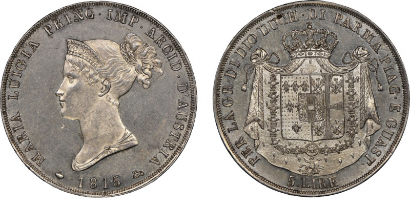 Maria Luigia 1815-1847
5 Lire, Parma, 1815, AG 25 g.
Ref : MIR 1093/1, G. IT 40
...