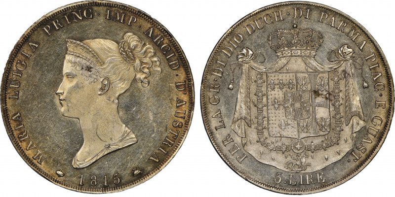 Maria Luigia 1814-1847
5 Lire, Parma, 1815, AG 25 g.
Ref : MIR 1093/1, Gad. IT 4...