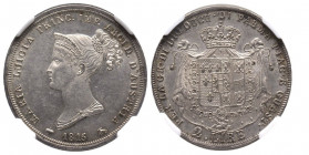 Maria Luigia 1815-1847
2 Lire, 1815, AG 10 g.
Ref : MIR 1094 (R2), Pag. 8, KM#C29, G. IT 39
Conservation : NGC MS62+. Superbe Exemplaire. Rare