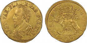 Piacenza
Alessandro Farnese 1586-1591
2 Doppie, 1590, AU 12.57 g.
Ref : MIR 1137/4, Fr. 899
Conservation : NGC AU 55. Superbe. Rare