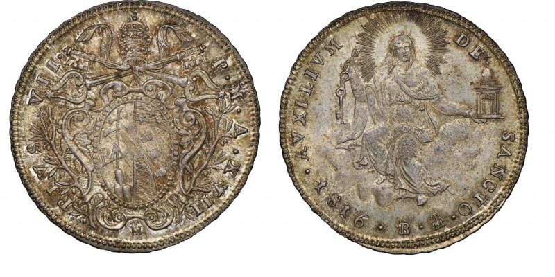 Pio VII 1800-1823
Doppio giulio, Bologna, 1816, AN XVII, AG 5.32 g. Ref : Munt. ...