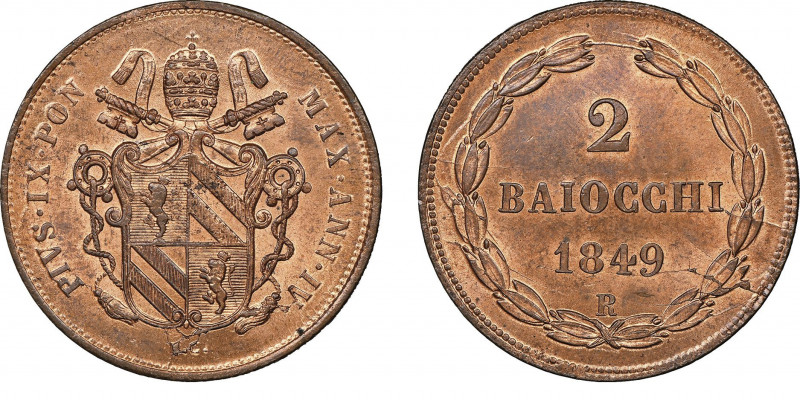 Pio IX 1846-1878.
2 Baiocchi, Roma, 1849, Anno IV, Cu 20 g Ref : Pag. 488
Conser...