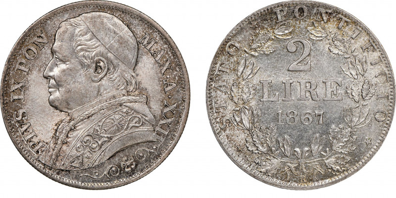 Pio IX 1846-1878
2 Lire, Roma, 1867, Anno XXII, AG 10 g.
Ref : Munt. 36
Conserva...