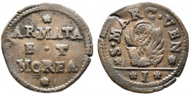 Armata e Morea 
Monetazione anonima (1688-1691) 
2 soldi o Gazzetta, Cu 3.72 g. 
Ref : Paolucci 796 
Conservation : Superbe