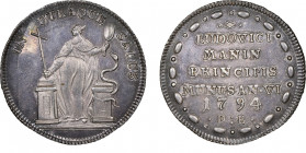 Ludovico Manin 1789-1797
Osella anno VI, 1794, AG 9,86 g. Ref : Paolucci 277
Conservation : NGC MS 64+. Conservation exceptionnelle