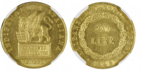 Venezia, Governo provvisorio 1848-1849
20 Lire, 1848, AU 6.45 g.
Ref : Paolucci 1106, Pag. 176, Fr. 1518
Conservation : NGC MS 63. Superbe exemplaire.