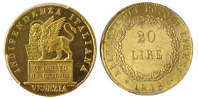 Venezia, Governo provvisorio 1848-1849
20 Lire, 1848, AU 6.45 g.
Ref : Paolucci 1106, Pag. 176, Fr. 1518
Conservation : PCGS MS 64. FDC. Conservation ...
