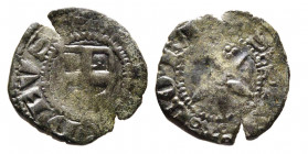 Amedeo V 1285-1323
Denaro Piccolo Nero, I Tipo, S. Sinforiano, Mi 0.7 g.
Ref : Cud. 67 (R8), MIR 49, Sim 8, Biaggi 41
Conservation : TB. Rarissime