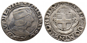 Filiberto II 1497-1504
Testone, Torino, non daté, AG 7.39 g.
Avers : PHILIBTVS DVX SABAVDIE VIII Buste habillé à droite, de Philibert II, portant un b...