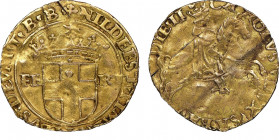 Carlo II 1504-1553
Scudo d'oro con Cavallo, II Tipo, Torino, ND, AU 3.15 g.
Avers : CAROLVS DVX SABA VDIE II
Revers : NIL DEEST TIMENTIBVS DEVM T B B
...