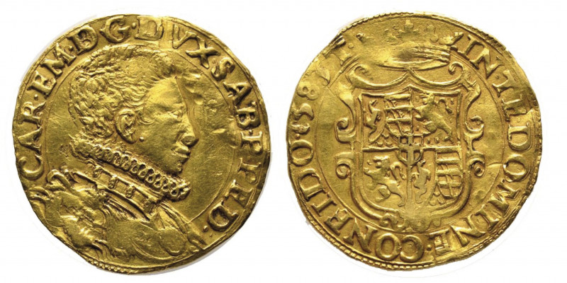 Carlo Emanuele I 1580-1630
Doppia, II Tipo, Torino, 1583 T, AU 6.62 g.
Ref : Cud...