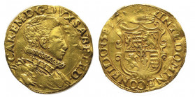 Carlo Emanuele I 1580-1630
Doppia, II Tipo, Torino, 1583 T, AU 6.62 g.
Ref : Cud. 665f (MIR 579e) (R5), Biaggi 492c
Conservation : chocs dans le champ...