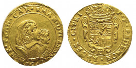 Carlo Emanuele II - Reggenza della madre Maria di Borbone 1638-1648
4 Scudi d'oro, II tipo, Torino, 1641, AU 12,98 g.
Ref : Cud. 847c (R4), MIR 738, S...