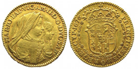 Vittorio Amedeo II - Reggenza della Madre 1675-1680
Doppia, Torino, 1676, AU 6.65 g.
Ref : Cud. 944b (R4), MIR 835b, SIm. 3, Biaggi 706b, Fr 1090
Cons...