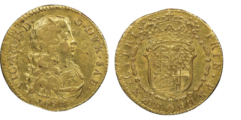 Vittorio Amedeo II secondo periodo, 1680-1730 
Doppia, I Tipo, Torino, 1682, AU ...