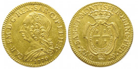 Carlo Emanuele III Secondo Periodo, Monetazione per la Sardegna 1755-1773
Mezzo Carlino Sardo da Doppiette 2.5, Torino, 1770, AU 8.00 g.
Ref : Cud. 10...