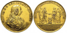 Carlo Emanuele III, 1730-1773
Medaglia in bronzo dorato, 1750, AE 47.69 g. 52 mm opus L. Lavy
Avers : CAR EM D G REX SAR CYP ET IER Busto corazzato e ...
