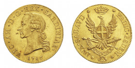 Vittorio Amedo III 1773-1796
Mezzo Carlino da 2.5 Doppie, Torino, 1786, AU 22.79 g.
Avers : VIC AM D G REX SARDINIAE
Revers : DVX SABAVD PRINC PEDEM
R...