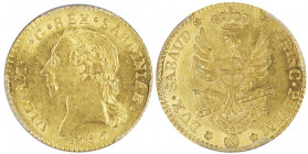 Vittorio Amedo III 1773-1796
Doppia Nuova, Torino, 1786, AU 9.10 g.
Ref : Cud. 1092a (R), MIR 982a, Biaggi 843a, Fr. 1120
Conservation : PCGS MS 62. S...