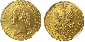 Vittorio Amedo III 1773-1796
Doppia nuova, Torino, 1786, AU 9.10 g.
Ref : Cud. MIR 1092a (R) MIR 982a, Sim. 4, Biaggi 843
Conservation : NGC MS 64. To...