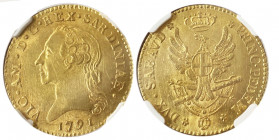 Vittorio Amedo III 1773-1796
Doppia Nuova, Torino, 1791, AU 9.10 g.
Ref : Cud. 1092f (R), MIR 982f, Biaggi 843f, Fr. 1120
Conservation : PCGS MS 63. F...