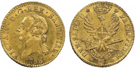 Vittorio Amedo III 1773-1796
Mezza Doppia Nuova, Torino, 1788, AU 4.57 g.
Ref : Cud. 1094d (R)MIR 984c , Sim. 6/3, Biaggi 845d, Fr. 1121
Conservation ...
