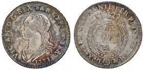 Vittorio Amedeo III 1773-1796
Quarto di Scudo, Torino, 1773, AG 8.75 g.
Ref : Cud. 1099a (R4), MIR 989a, Biaggi 850a
Conservation : NGC XF 45. Très Ra...