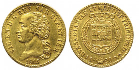 Vittorio Emanuele I 1802-1821
20 lire, Torino, 1816 L, AU 6.41 g.
Ref : Cud. 1139a (R2), MIR 1028a, Pag. 4, Fr. 1129
Conservation : Superbe et Rare