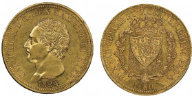 Carlo Felice 1821-1831
80 lire, Torino, 1824 (L), AU 25.8 g.
Ref : Cud. 1143c (MIR.1032c), Mont.02, Pag.24, Fr.1132, C#108.1
Conservation : Superbe