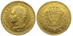 Carlo Felice 1821-1831
80 lire, Torino, 1825 (L), AU 25.78 g.
Ref : Cud. 1143d, MIR 1032e, Pag. 26, Fr. 1132
Conservation : Superbe